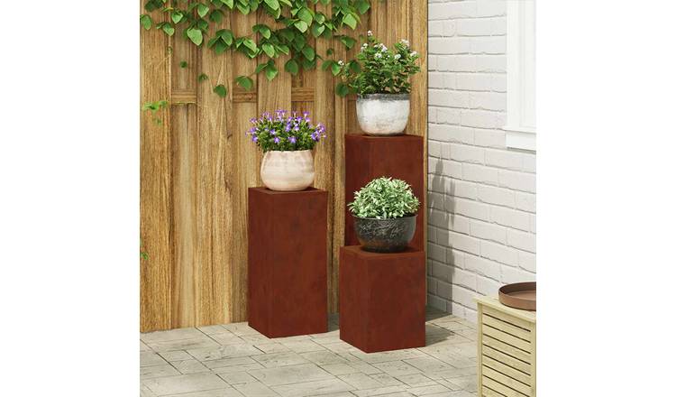 Walplus Pack of 3 Steel Plant Stand - Rusty - 24 x 24 x 75 cm