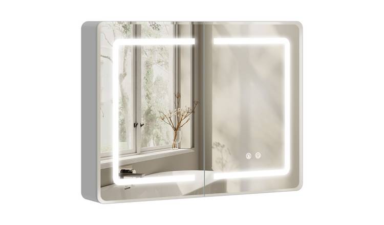 HOMCOM Bathroom Mirror Cabinet with LED Lights and Double-Sided Mirrors - Silver