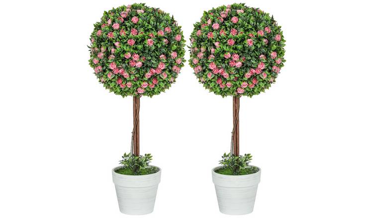 HOMCOM Set of 2 Artificial Ball Topiary Tree with Rose Flower - Pink