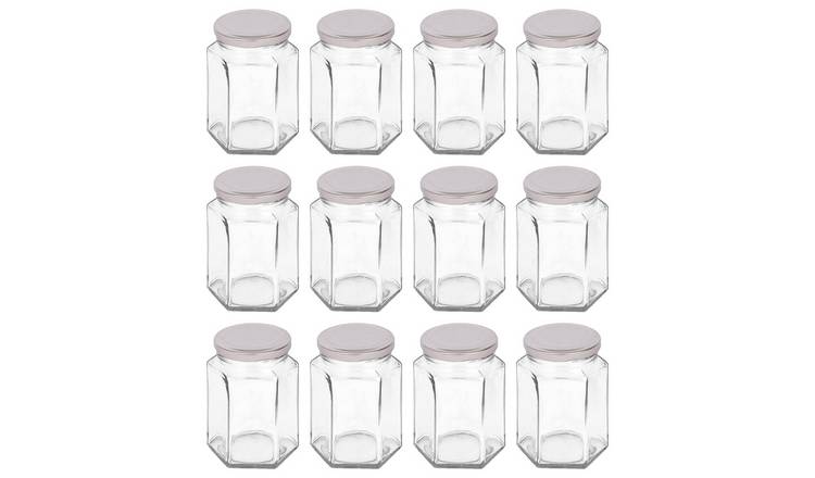 Argon Tableware Hexagonal Glass Jam Jars with Silver Lids - Pack of 12