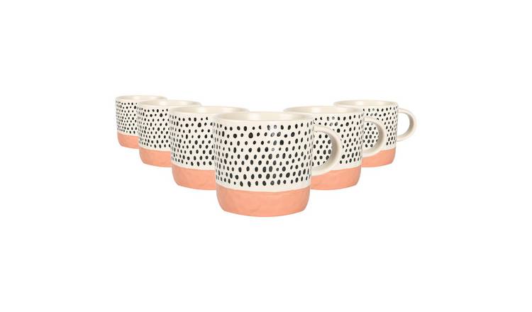 Nicola Spring Ceramic Dipped Dots 385ml Coffee Mugs Pack of 6 - Pink