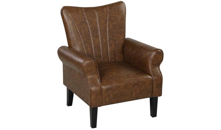 HOMCOM PU Leather Armchair with Rolled Arms and Rubberwood Legs - Brown