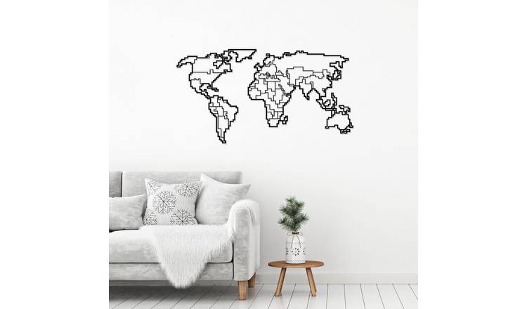 Decortie Metal Wall Art Collection World Map Hanging Decoration - Black