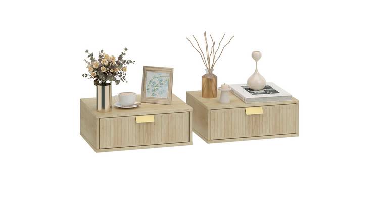 HOMCOM Set of 2 Modern Wall Mounted Bedside Table with Fluted Drawer - Oak