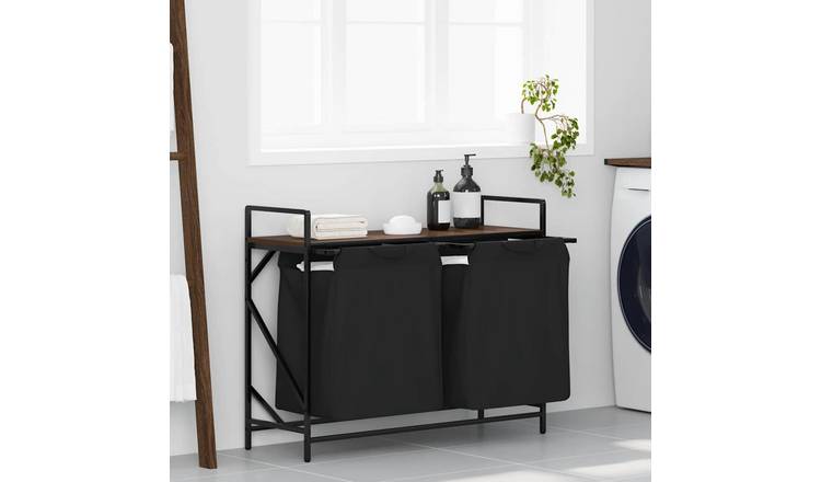 Walplus Steel Laundry Basket 2 Compartments with Shelf - Brown - 97 x 33 x 77 cm