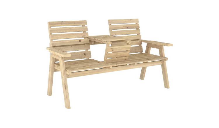 Outsunny 2 Seater Wooden Loveseat with Convertible Middle Table - Natural Wood