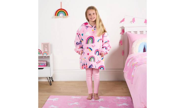 OHS Kids Unicorn & Rainbow Print Hoodie Blanket - One Size - Pink