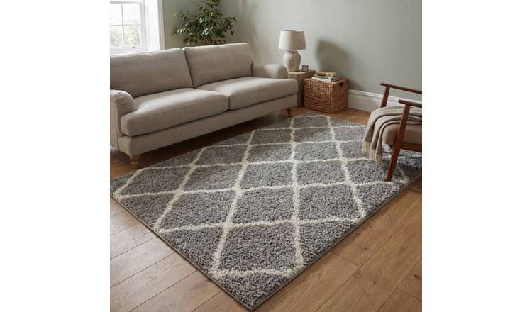 The Rugs Grey Moroccan Shaggy Lattice Rug - 160 x 230cm
