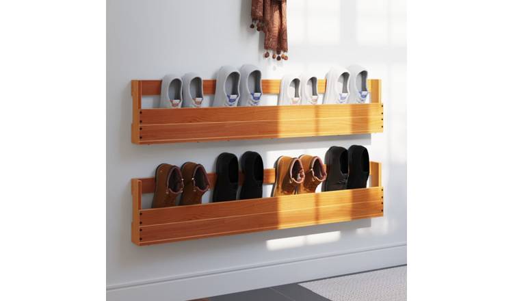 Walplus Pack of 2 Solid Wood Shoe Rack - Wax Brown - 110 x 8.5 x 23.5 cm