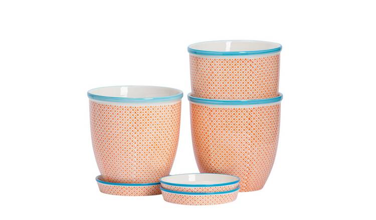 Nicola Spring Hand-Printed Plant Pots with Saucers - Orange - Pack of 3