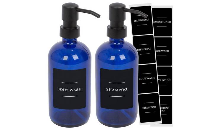 Harbour Housewares Soap Dispensers with Labels  - Blue/Black - Set of 2