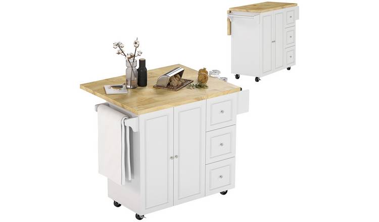 HOMCOM Rolling Kitchen Island with Drop Leaf Rubber Wood Top - White