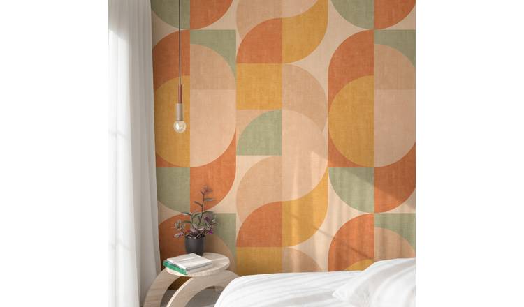 Grandeco Badia Retro Geometric 3 Lane Repeatable Wallpaper Mural   - Orange