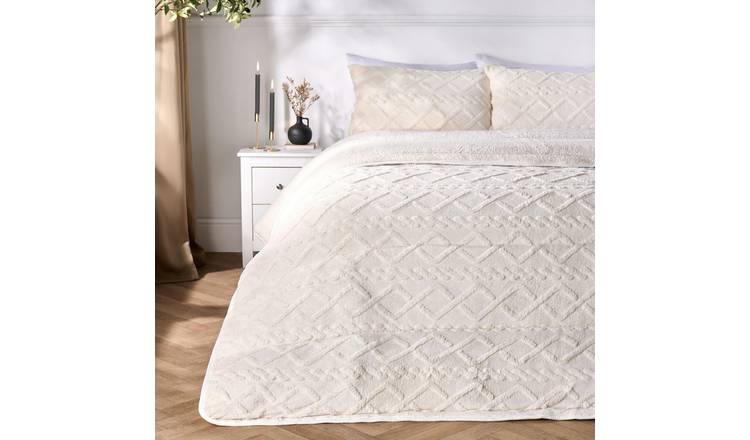 OHS Cable Knit Fleece 10.5 Tog Coverless Duvet Set Cream  - Single