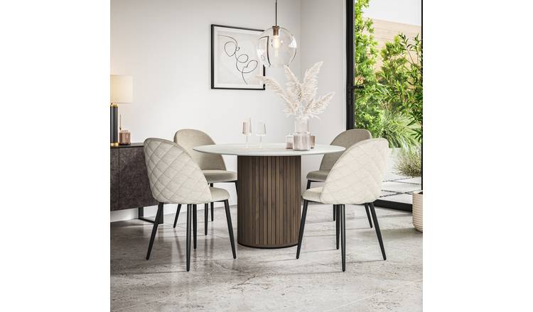 Furniture Online Arlo Raye Marble Top w Wal Legs Dining Table & 6 Beige Chairs