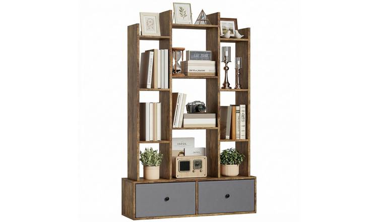 HOMCOM 12 Tier Freestanding Storage Bookcase with Drawers - Rustic Brown