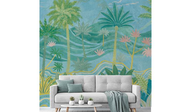 Grandeco Palm Spring 7 Lane Repeatable Textured Wallpaper Mural  - Blue