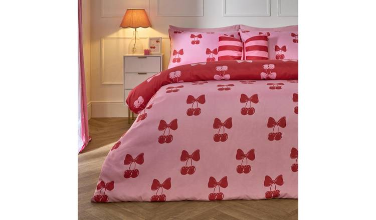 OHS Cherry Bow Microfibre Reversible Duvet Cover Set Pink/Red - Single