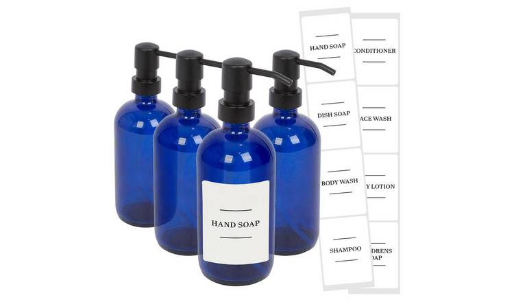 Harbour Housewares Soap Dispensers with Labels  - Blue/White - Set of 4