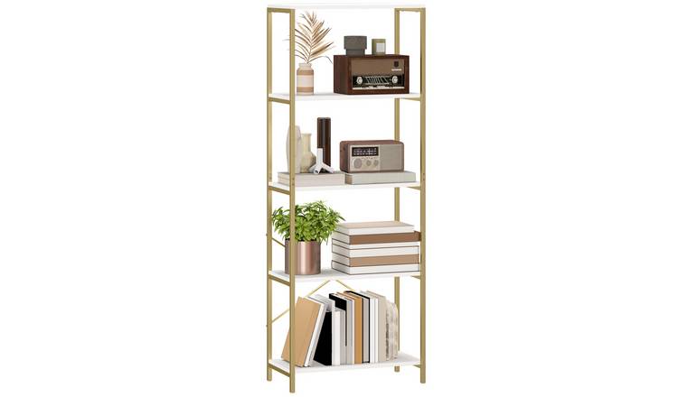 HOMCOM 5 Tier Metal Modern Storage Bookcase - White & Gold