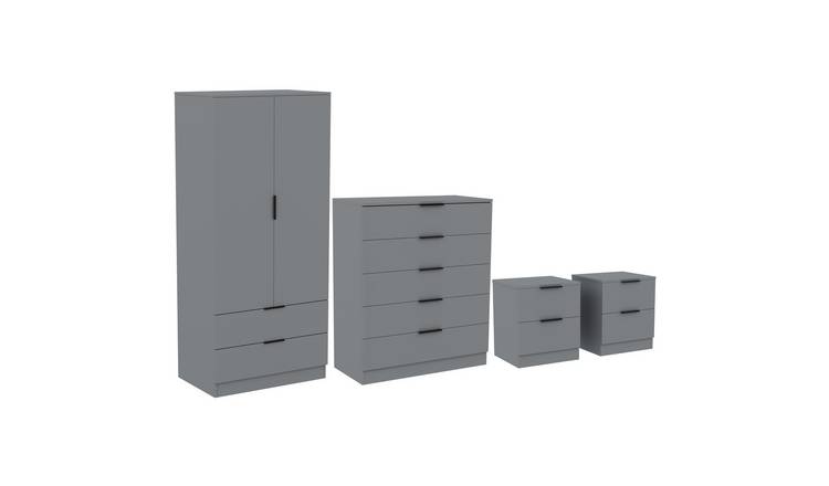 Vida Designs Trega Bedroom Set (Bedsides, 5 Drawer Chest, 2x2 Wardrobe) - Grey