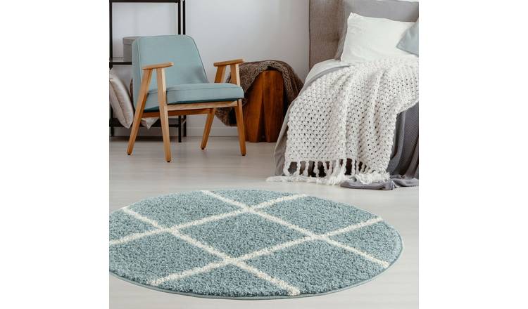 The Rugs Duck Egg Blue Moroccan Shaggy Diamond Round Rug - 120cm
