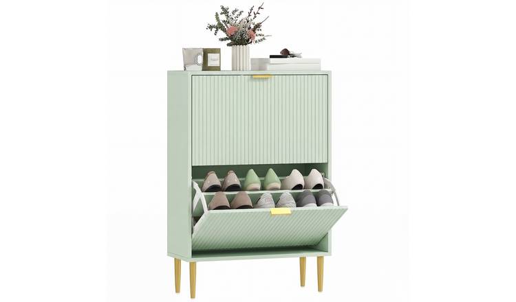 HOMCOM Fluted Shoe Cabinet with 2 Flip Drawers- Light Green