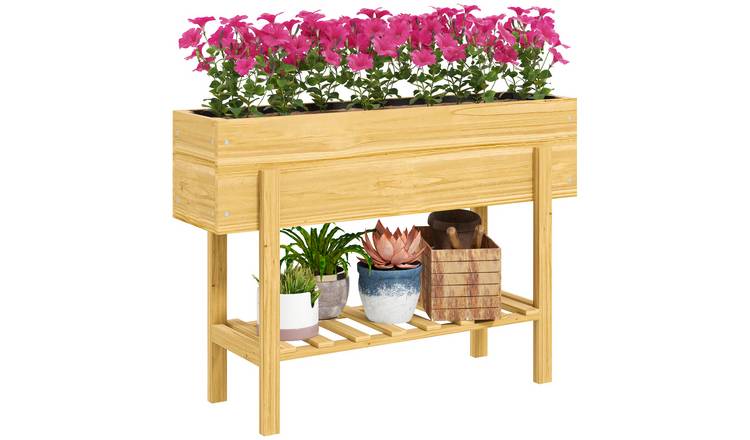 Outsunny Wooden Raised Garden Bed with Liner - Natural Wood