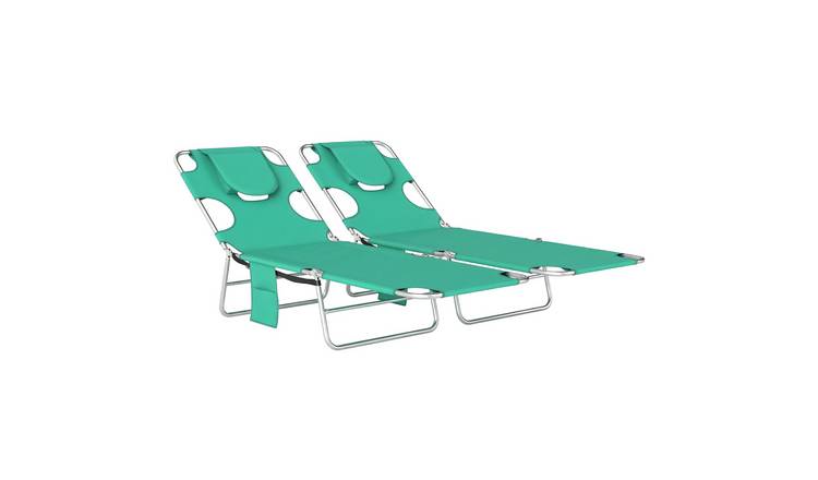 Outsunny Set of 2 Foldable Garden Sun Lounger with Reading Hole - Green