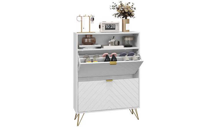 HOMCOM Striped Panel Shoe cabinet with 2 Flip Drawers- White