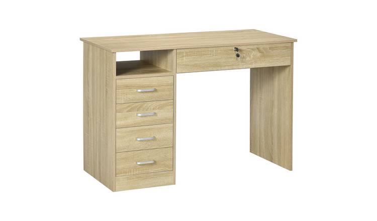 HOMCOM Wooden Lockable Computer Desk with 5 Drawers - Oak