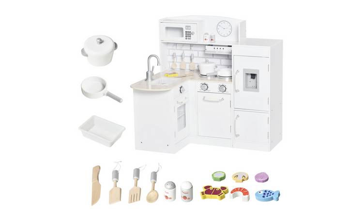 HOMCOM Drinking Fountain Microwave Fridge Kids Play Kitchen - White