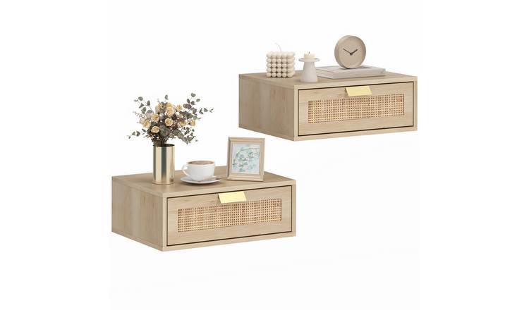 HOMCOM Set of 2 Rattan Wall Mounted Bedside Tables - Oak