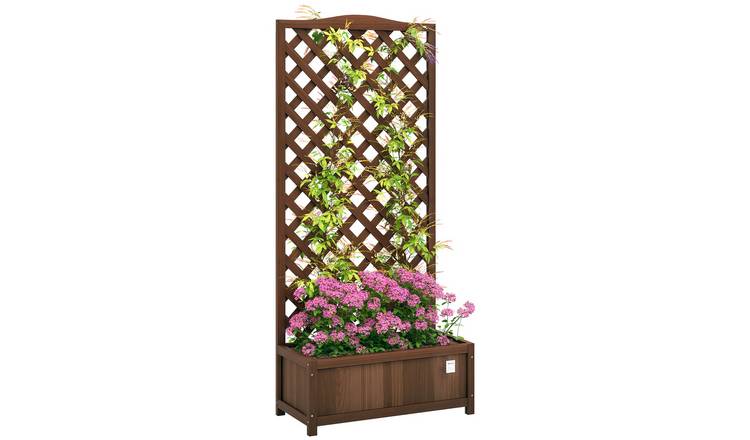 Outsunny Wooden Freestanding Garden Planters with Trellis - Dark Brown
