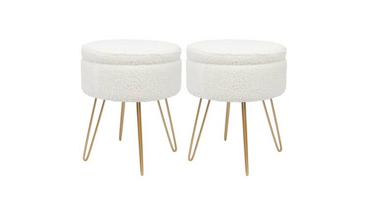 Harbour Housewares 2x Round Velvet Storage Footstool with Gold Legs - Cream