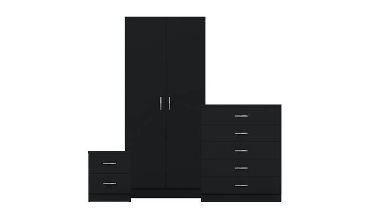 Vida Designs Riano Bedroom Set (Bedside, 5 Drawer Chest, 2 Door Wardrobe)- Black