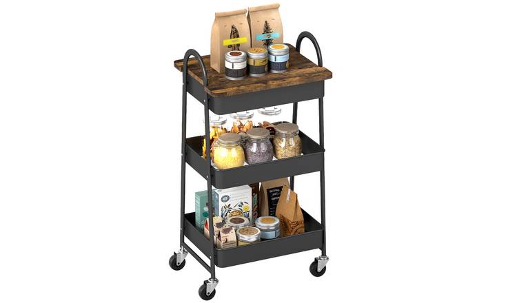 HOMCOM 3 Tier Kitchen Trolley with Covered Top Board - Rustic Brown and Black