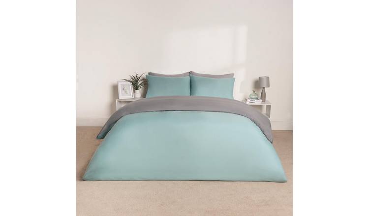 OHS Plain Dyed Reversible Duvet Cover Set Duck Egg/Grey - Double