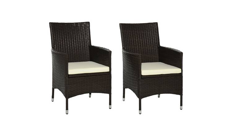 Outsunny Set of 2  Rattan Cushioned Garden Dining Chairs - Dark Coffee