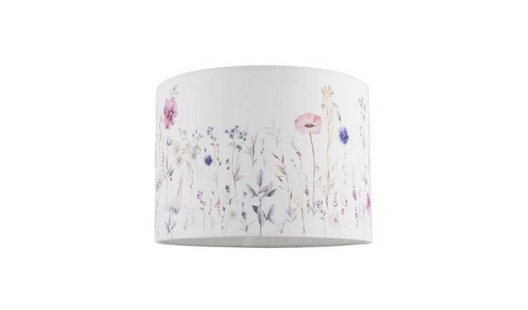 Happy Homewares Pink and Lilac Floral Round with White Cotton Lampshade - 25cm