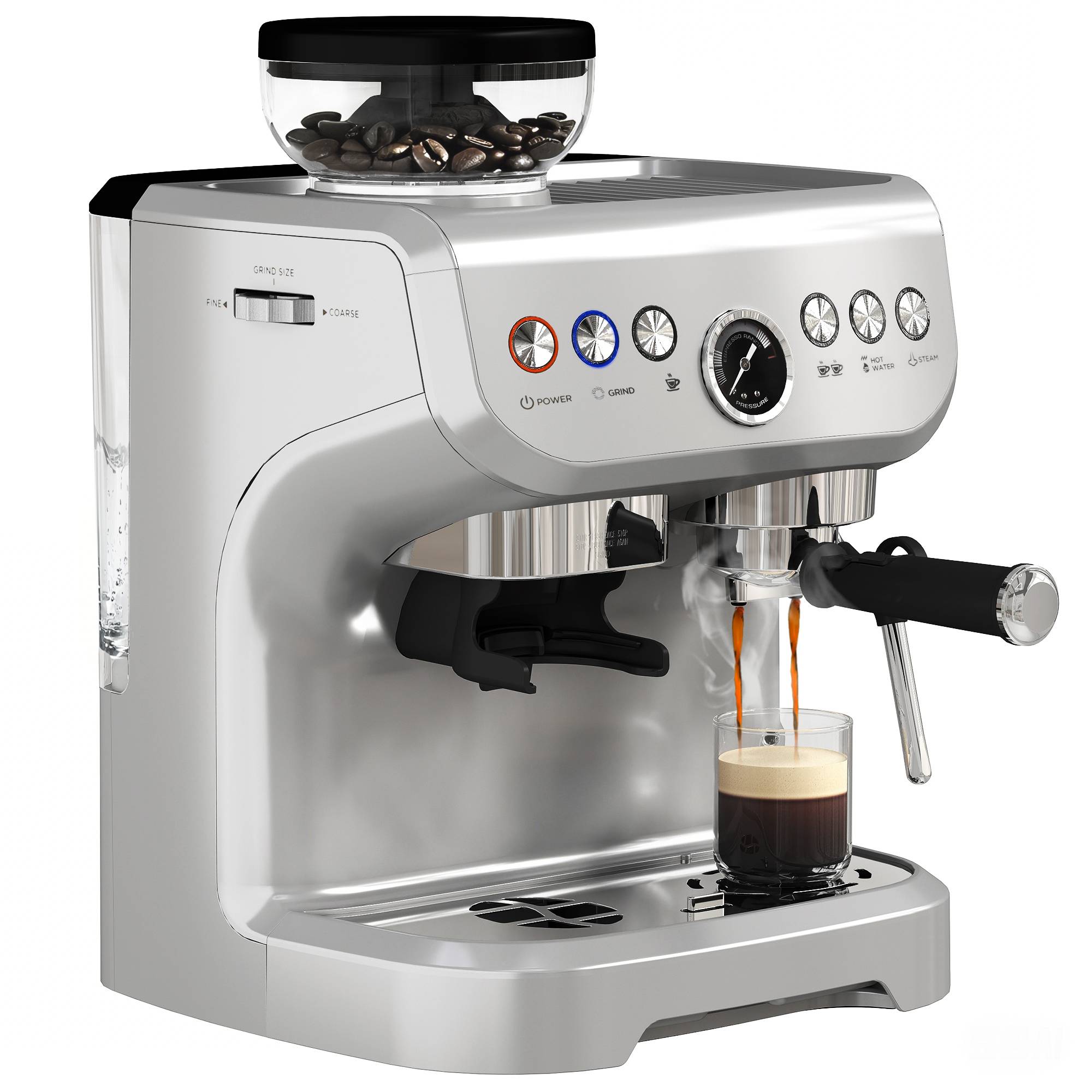 HOMCOM Espresso Machine with Integrated Bean Grinder and Steam Wand - Silver - Image 1