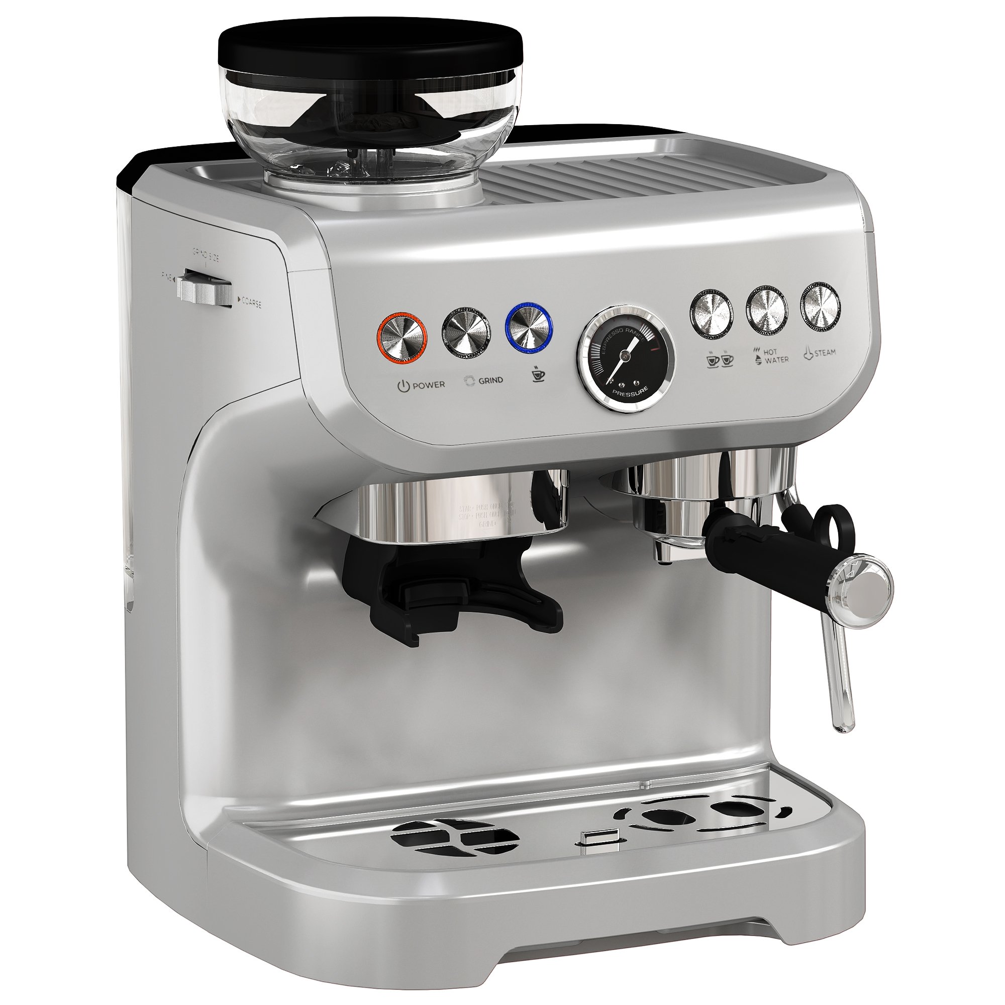 HOMCOM Espresso Machine with Integrated Bean Grinder and Steam Wand - Silver - Image 2