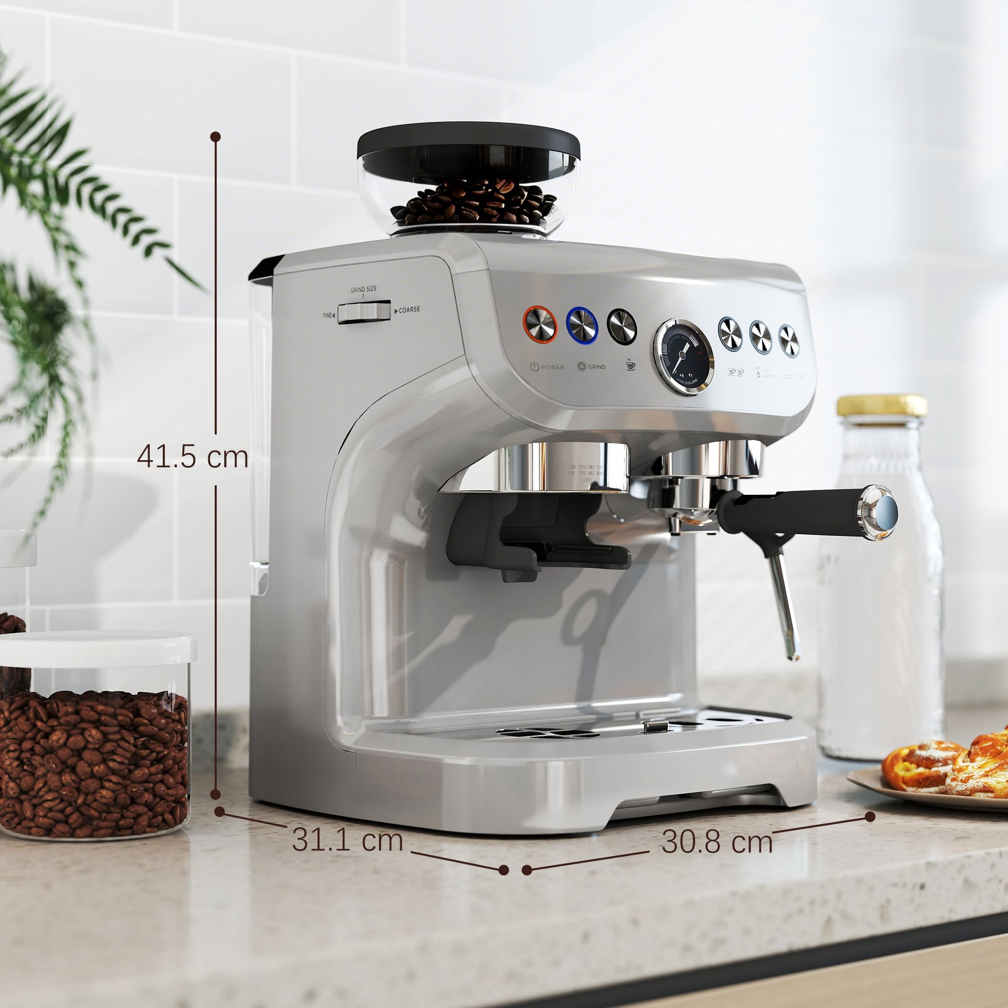 HOMCOM Espresso Machine with Integrated Bean Grinder and Steam Wand - Silver - Image 3