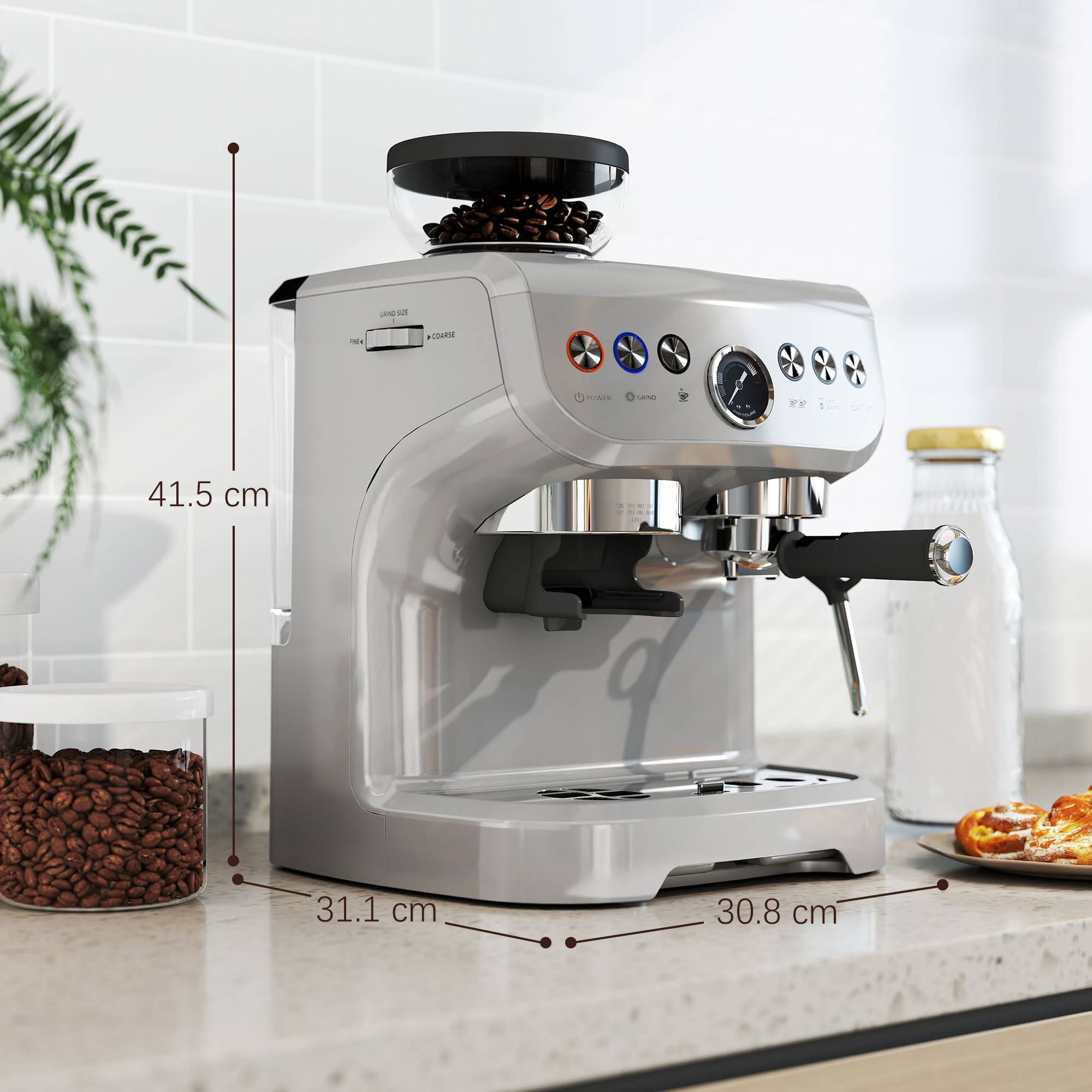 HOMCOM Espresso Machine with Integrated Bean Grinder and Steam Wand - Silver - Image 3