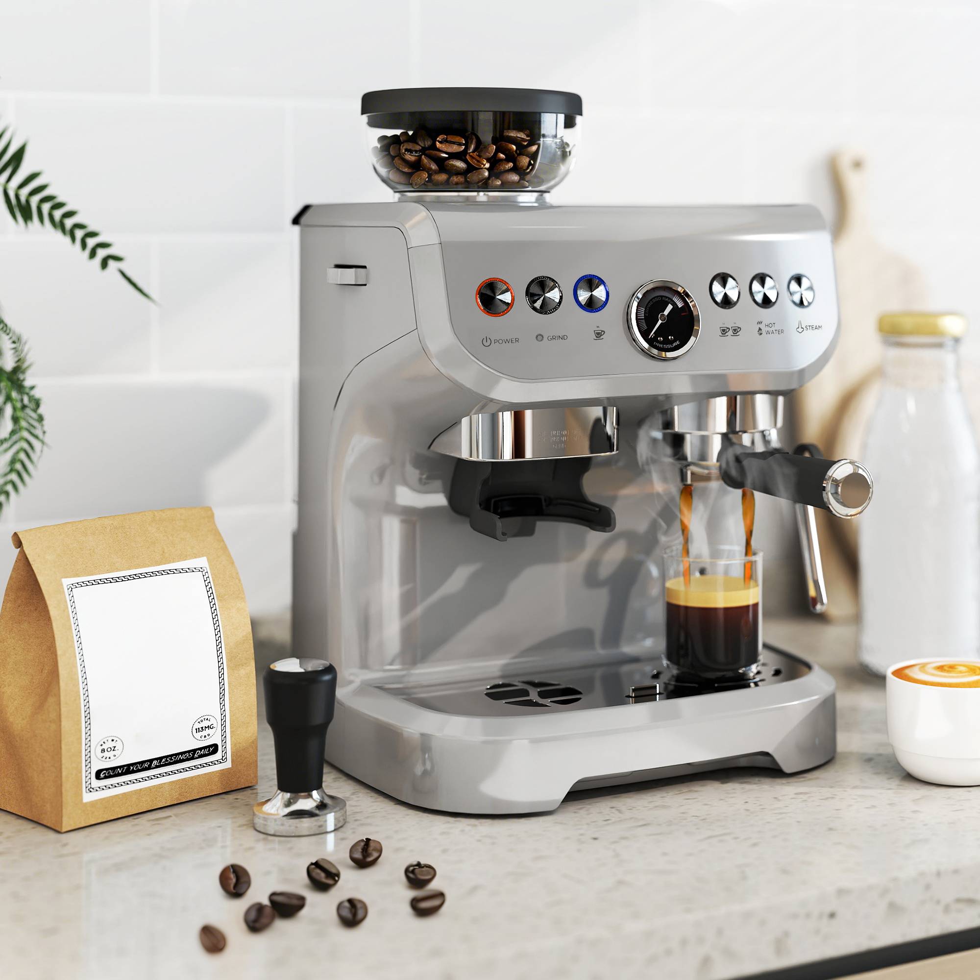 HOMCOM Espresso Machine with Integrated Bean Grinder and Steam Wand - Silver - Image 4