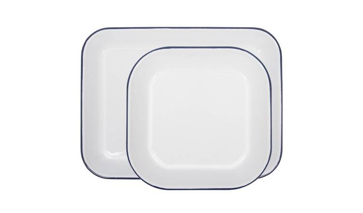 Argon Tableware 2pc White Rectangle Enamel Baking Tray Set - Blue