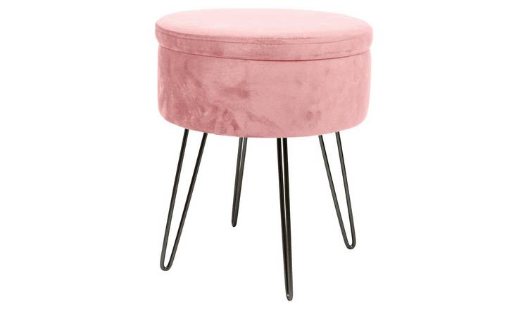 Harbour Housewares Round Velvet Storage Footstool with Black Legs - Pink
