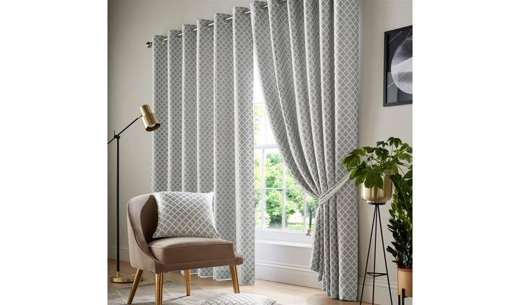 Luxury Living Geometric Eyelet Lined Curtains 117cm x 137cm - Silver