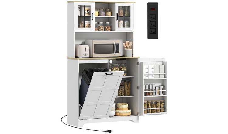 HOMCOM Kitchen Cupboard with Charging Station and Rubbish Bin Cabinet - White