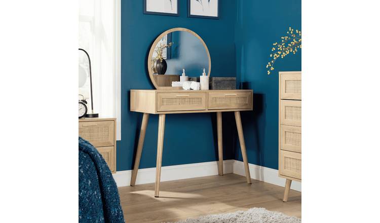 Home Source Astbury Rattan 2 Drawer Dressing Table with Circular Mirror Natural